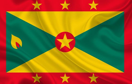 Grenada country flag on wavy silk fabric background panorama - illustration