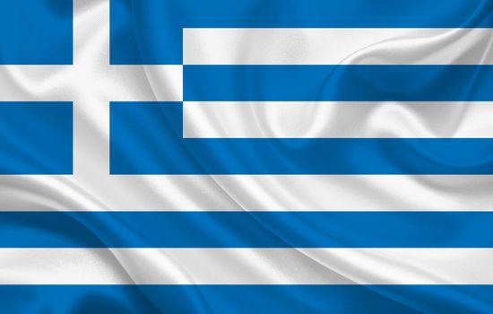 Greece flag on wavy silk fabric background panorama - illustration