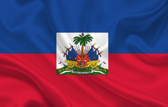 Haiti country flag on wavy silk fabric background panorama - illustration