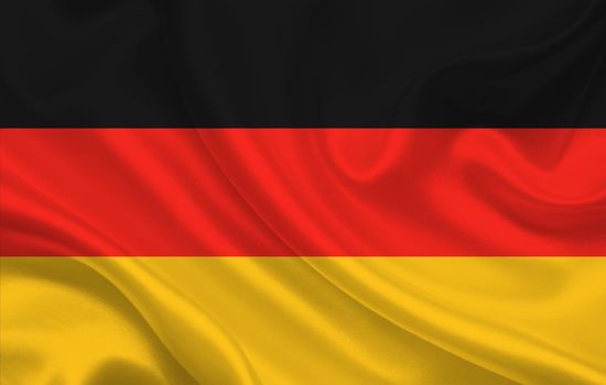 Flag of Germany country on wavy silk fabric background panorama - illustration