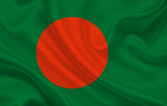 Bangladesh country flag on wavy silk fabric background panorama - illustration