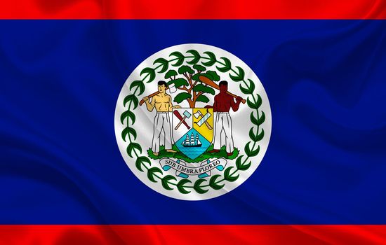 Belize country flag on wavy silk fabric background panorama - illustration