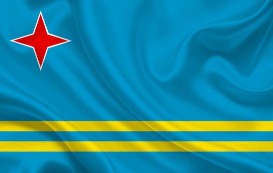 Aruba country flag on wavy silk fabric background panorama - illustration