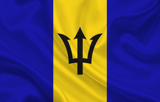 Barbados country flag on wavy silk fabric background panorama - illustration