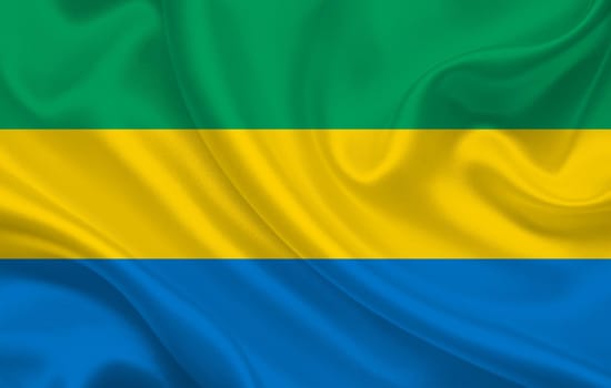 Gabon country flag on wavy silk fabric background panorama - illustration