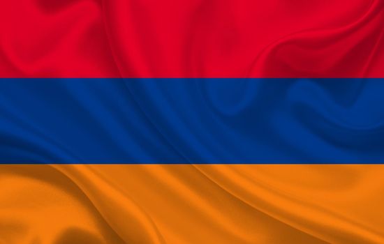 Flag of Armenia country on wavy silk fabric background panorama - illustration