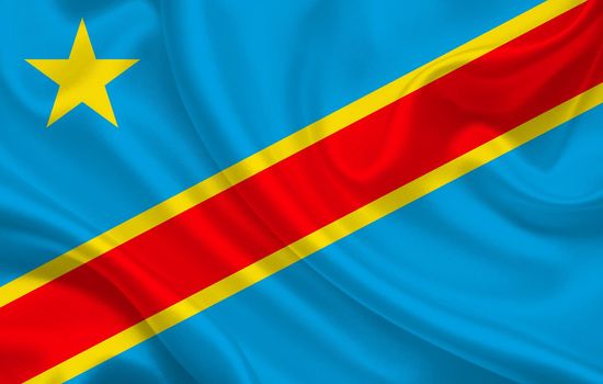 Flag of the country Democratic Republic of the Congo on a background of wavy silk fabric panorama - illustration