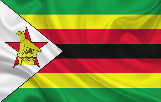 Zimbabwe country flag on wavy silk fabric background panorama - illustration