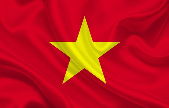 Flag of Vietnam country on wavy silk fabric background panorama - illustration