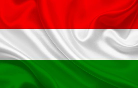 Hungary country flag on wavy silk fabric background panorama - illustration