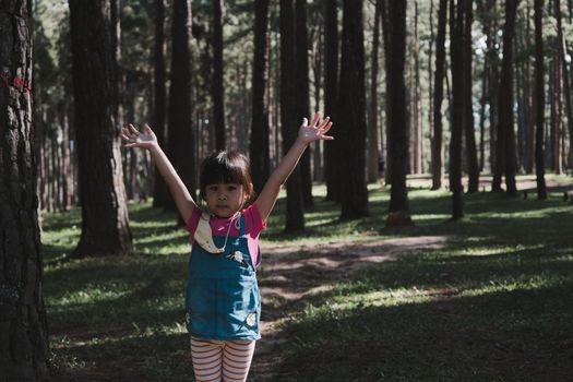 Active little girls running in the pine forest on a warm summer day. Happy girl smiles and laughs while spending time with her family in the park on vacation.