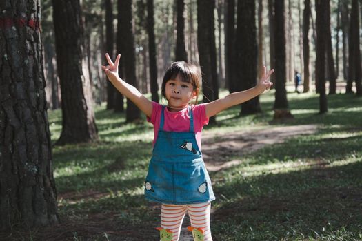 Active little girls running in the pine forest on a warm summer day. Happy girl smiles and laughs while spending time with her family in the park on vacation.