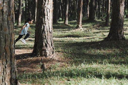 Active little girls running in the pine forest on a warm summer day. Happy girl smiles and laughs while spending time with her family in the park on vacation.