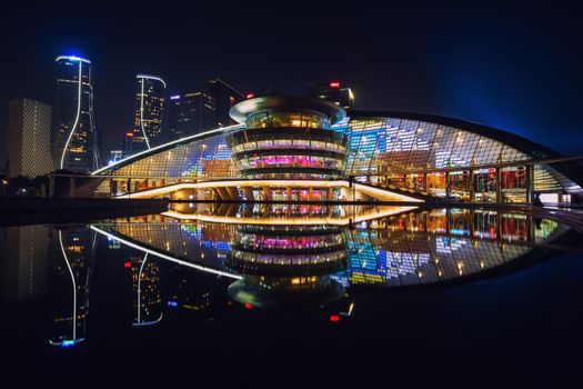 Night view of illuminated Qianjiang New Town, Hangzhou, Zhejiang, China