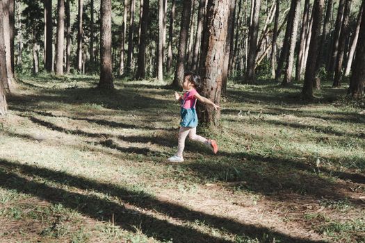 Active little girls running in the pine forest on a warm summer day. Happy girl smiles and laughs while spending time with her family in the park on vacation.