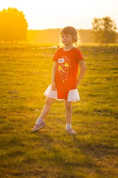 A girl in full growth smiles on the background of the forest at sunset. High quality photo