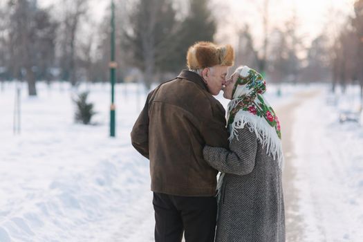 Back view of elderly couple walking in the park. Happy old people toghether though the years.