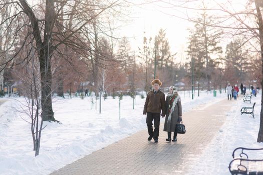 Romantic senior couple walking in the park in winter time. Love forever. background of white winter snow.