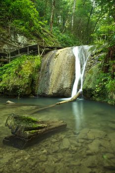 Waterfall in the rainforest. Stormy mountain river. Long exposure