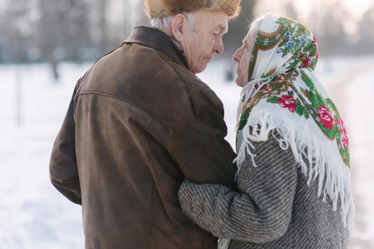 Back view of elderly couple walking in the park. Happy old people toghether though the years.