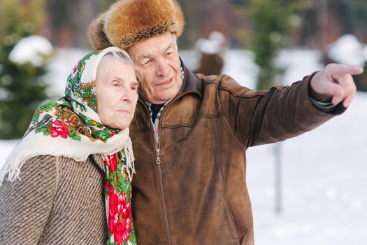 Elderly couple relaxing in winter time in the park. Happy grandfather and grandmother walking together.