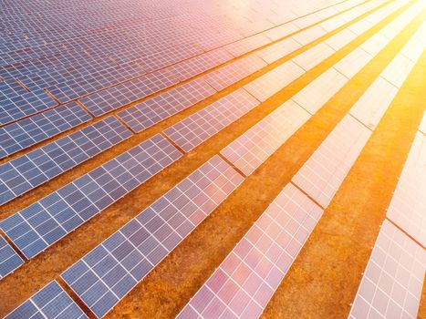 Aerial top view of a solar panels power plant. Photovoltaic solar panels at sunrise and sunset in countryside from above. Modern technology, climate care, earth saving, renewable energy concept