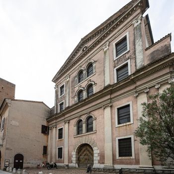 Mantua, Italy. July 13, 2021.   exterior view of the former Church of the Holy Trinity in the city center