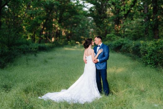 A couple in love a guy and a girl on a walk in the forest belt