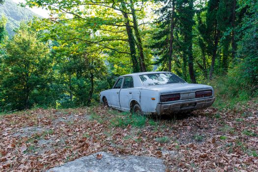 Pelion, Greece - August 13 2020: Old crashed car in the forest, Greece