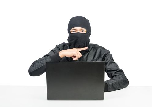 Hacker with laptop Hand finger good isolate on white background