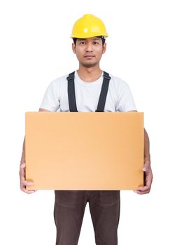 Smiling man lifts a cardboard box wearing back support belt for protect body isolated on white background