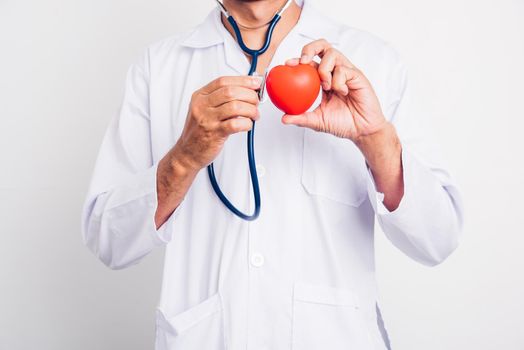 Close up Man doctor with stethoscope he is holding red heart on hand isolate on white background