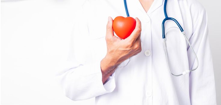 Close up Man doctor with stethoscope he is holding red heart on hand isolate on white background