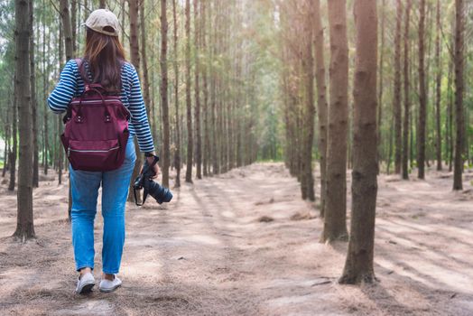 Female woman lifestyle use camera photographer travel taking shooting photo in forest nature and backpack and copy space