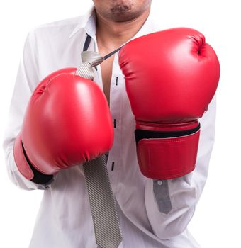 Angry businessman with boxing gloves isolated on over white background