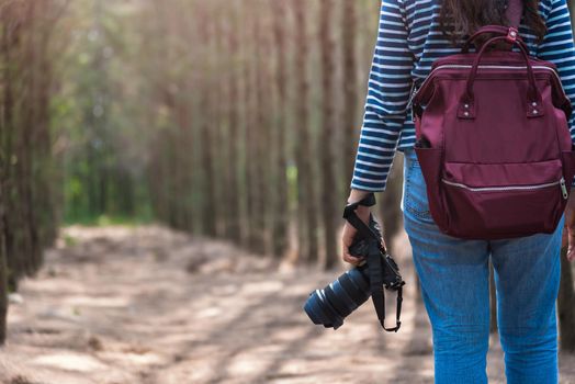 Young woman lifestyle using DSLR camera photographer travel taking photo in forest nature park and backpack and copy space