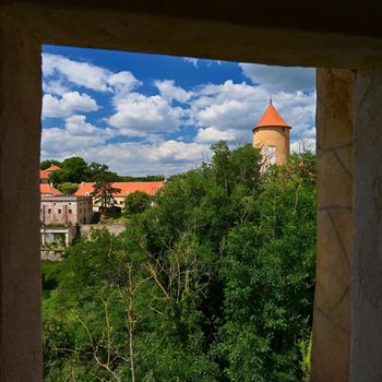 Beautiful old castle in the countryside on a summer day and the sun with blue sky.
Veveri - Brno - Czech Republic - Europe.