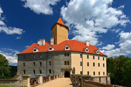 Beautiful old castle in the countryside on a summer day and the sun with blue sky.
Veveri - Brno - Czech Republic - Europe.
