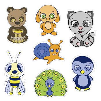 Set of Cute Animal Sticker for Kids. Collection of Isolated Animal Stickers on White Background. Bear with Honey, Bee, Dog, Cat, Snail, Peacock and Penguin.