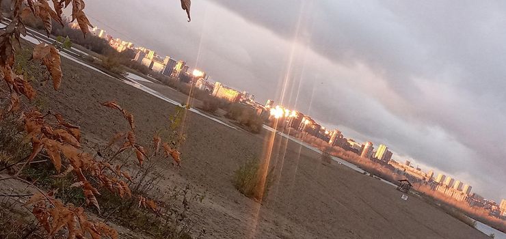 Novosibirsk, Siberia, Russia-08.15.2020: Panorama of Novosibirsk on the Ob river. The capital of Siberia on the great Siberian river, bridges, lush vegetation on river Islands, city buildings