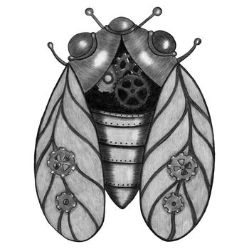 Design Element Hand Drawn Illustration of Black and White Steampunk Cicada in Gray Colors Isolated on White Background. Steampunk Cicada Drawn by Pencils.