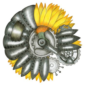 Design Element Hand Drawn Illustration of Colorful Steampunk Sunflower in Gray and Yellow Colors on White Background. Steampunk Sunflower Drawn by Color Pencils.