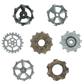 Set of Hand-Drawn Steampunk Gear Transmission Element Isolated on White Background. Collection of Metal Gear Illustration Drawn by Colored Pencil.
