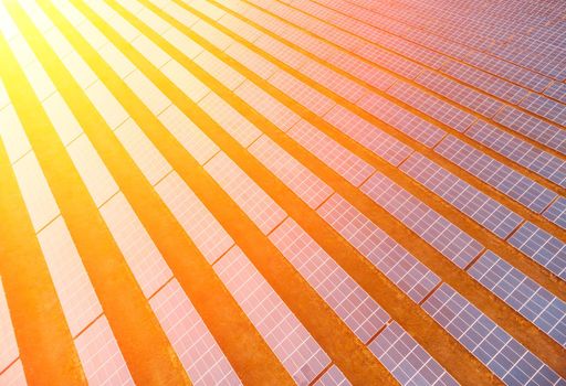 Aerial top view of a solar panels power plant. Photovoltaic solar panels at sunrise and sunset in countryside from above. Modern technology, climate care, earth saving, renewable energy concept