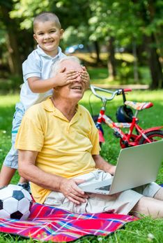 happy elderly senior grandfather and child in park using laptop computer