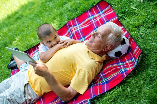 grandfather and child using tablet computer in park