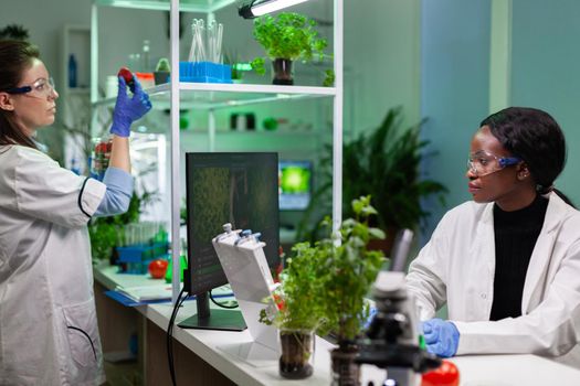 African american biologist researcher typing microbiology expertise on computer working in biological hospital laboratory. Scientist doctor woman analyzing genetically modified fruits