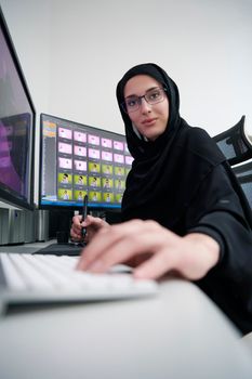 Muslim female graphic designer working on computer using graphic tablet and two monitors. Girl wearing hijab editing photos in the office