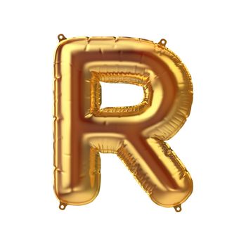 3D Render of Golden inflatable foil balloon letter R. Party decoration element. Yellow character isolated on white background. New year celebration postcard part. Graphic element sign for web design