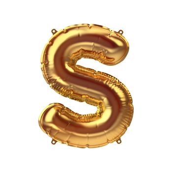 3D Render of Golden inflatable foil balloon letter S. Party decoration element. Yellow character isolated on white background. New year celebration postcard part. Graphic element sign for web design